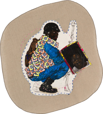 Pierre Mukeba (May I stand steadfastly/uphold the Lord’s name to the highest
respect/love), 2022; Kikwembe, calico, oil paint, ink, brush pen, acrylic paint, pastel, fabric on Belgian linen; 105 x 105 cm; more info; enquire