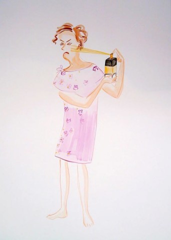 Vivienne Shark LeWitt untitled sketch (lady spraying face with perfume), 1994; watercolour on paper; 110 x 75 cm; enquire