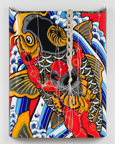 Claire Healy and Sean Cordeiro Kintaro, 2020; Kiowa FWD helicopter shell assembly, acrylic gouache, cotton sash cord, tape; 157 x 125 x 14 cm; more info; enquire