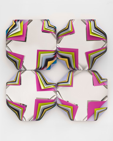 Jim Lambie Metal Box (Ludisia Orchid), 2025; polished steel and aluminium sheets,
gloss paint; 120 x 120 x 20 cm; more info; enquire