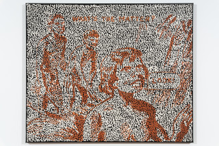 Daniel Boyd Untitled (IHSTTSOL), 2025; oil, acrylic and archival glue on paper mounted to canvas; 76.5 x 92 cm; enquire