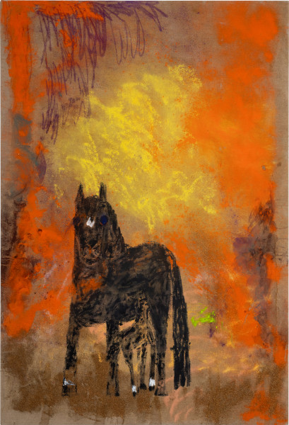 Jenny Watson Mare and foal, Macclesfield, 1998, 2026; acrylic and Japanese pigment on rabbit skin glue primed Belgian linen; 213.5 x 145.5 cm; enquire