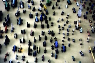 Simryn Gill , 1999-00; from the series Roadkill; Mixed things found on roads, toy wheels; Variable; enquire