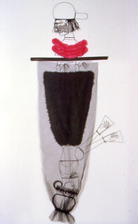 Jacqueline Fraser A portrait of the lost boy as it was done in profile with detail., 2001; from the series A Portrait of the Lost Boys > To Our Lost Boy Ivan, carbon monoxide gassed 1998; wire, brown braid, sequin taffeta, text, black tulle, pink plastic leis, faux fur; 290 x 90 cm; Provinece: New Museum N.Y. 2001; enquire