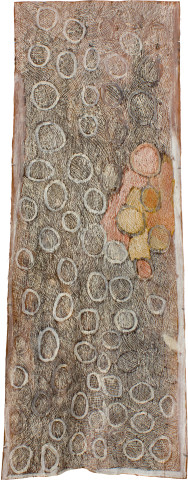 Nyapanyapa Yunupiŋu Red and Yellow Circles, 2011; natural earth pigments on bark; 114 x 62 cm; enquire