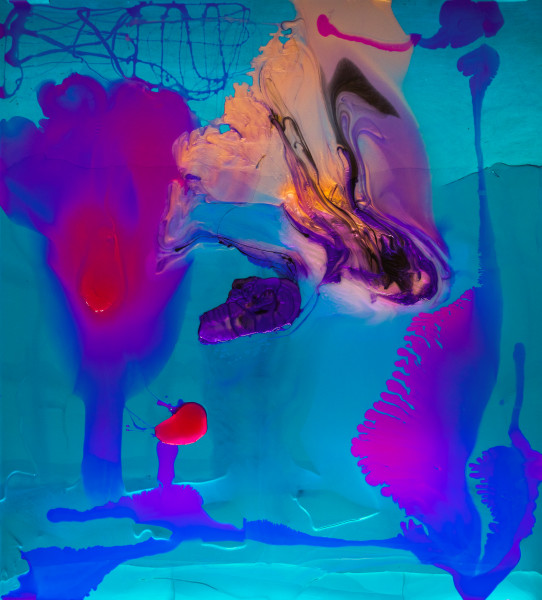 Dale Frank He hated everyone in his share house, as if proximity demanded emotional closeness, but he found the best way for it to work was as if each owed him a lot of cash, with interest, a specialised personal interest paid weekly, 2026; colour powder pigments in Epoxyglass, Epoxyglass, on perspex; 200 x 180 cm; enquire