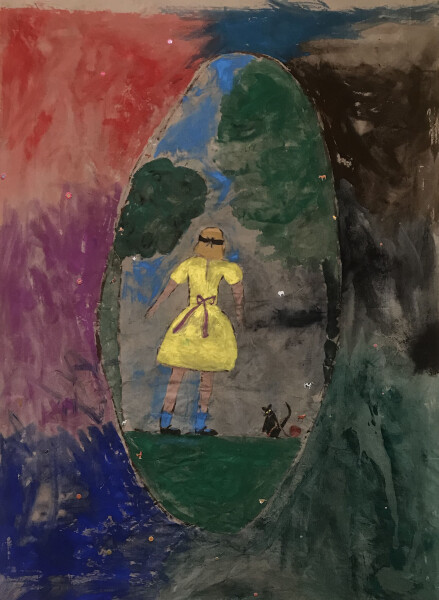 Jenny Watson Girl in a blindfold from the back, with Kitten and ball of wool, 2019; Japanese pigment, acrylic and cardboard decals on rabbit skin glue-printed Belgian linen; 255 x 190 cm; Enquire