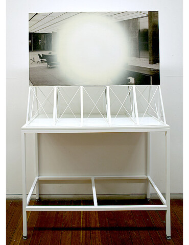 Callum Morton Screen #19: Shellhole, 2009; wood, acrylic paint, aluminium, paper; 93 x 110 x 45.5 cm; table 88 x 115 x 49.5 cm; enquire