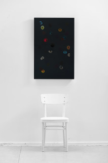 Jim Lambie October 1983, 
Beneath the darkest blue, 
Among the trees and night and air, 
We drank the stars undone, 2026; resin, sunglasses lens, birch plywood, paint; 91.5 x 61 x 5 cm; enquire