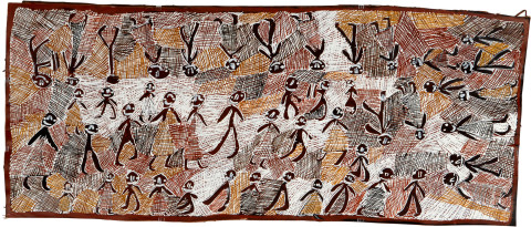 Nyapanyapa Yunupiŋu Bungul Djama Ceremony, 2008; 3372K; natural earth pigments on bark; 167 x 70 cm; enquire