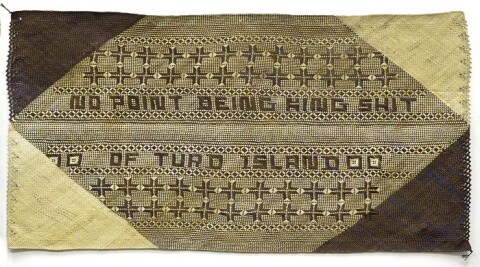 Newell Harry untitled (No Point Being King Shit of Turd Island), 2007; from the series gift mat; Pandanus and dye; 122 x 227 cm; irregular; enquire