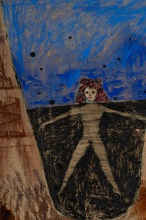 Jenny Watson Woman in a hole (detail), 1990; oil, Indian pigments, haberdashery and collage on Belgian linen; 173.5 x 183 cm; enquire