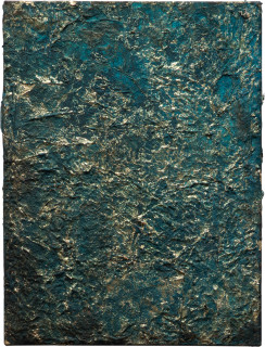Kirtika Kain Blue Bloods IX, 2023; gold leaf, rangoli pigment, acrylic paint, glass, artist pigment; 61.5 x 46 cm; more info; enquire