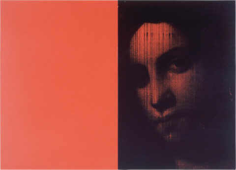 Lindy Lee Orange Vital, 1999; photocopy, oil, acrylic and wax on board; 2 panels, 41.5 x 59 cm; enquire