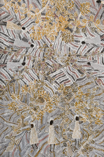Yalmakany Marawili Meditjin (detail), 2025; 4958-25; earth pigments on stringybark; 225 x 94 cm; enquire
