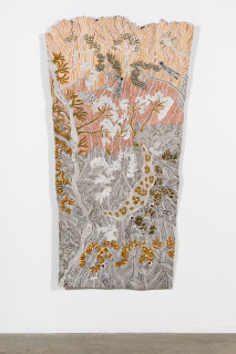installation view; Yalmakany Marawili Borum'mirri (Fruitful), 2025; 5953-25; earth pigments on stringybark; 207 x 109 cm; enquire