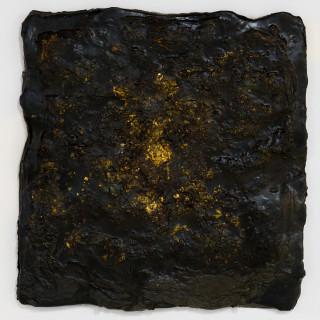 Kirtika Kain wax tablet green, 2025; stones, wax, gold leaf, cheese cloth and rangoli pigment; 53 x 56 cm; more info; enquire