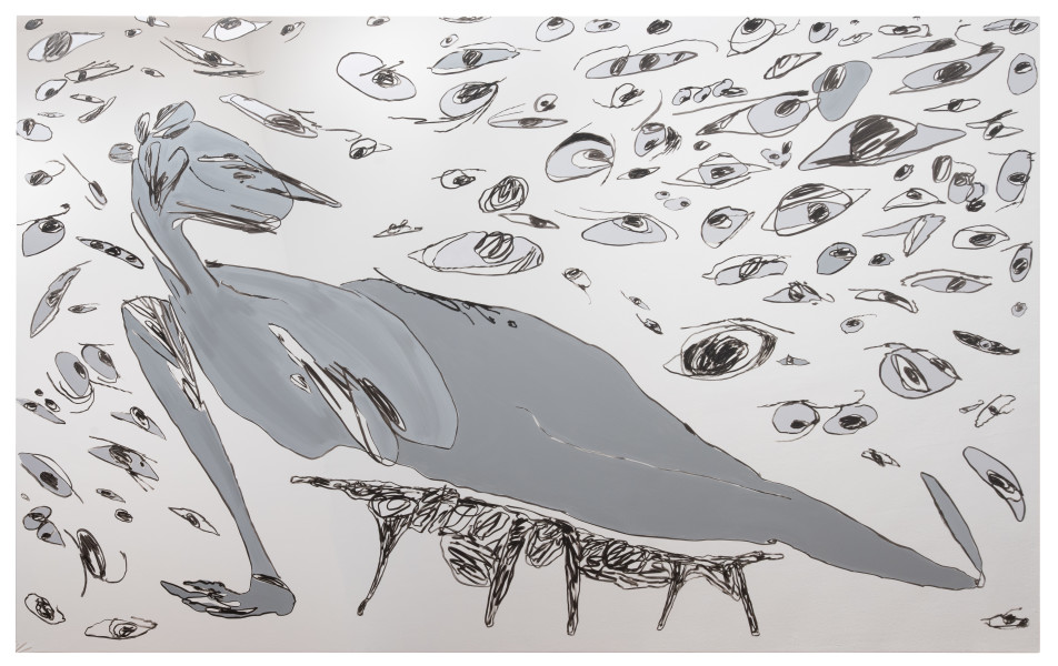 Tom Polo slow ghost (the begin again), 2025; oil stick and acrylic on Flexmirror; 182 x 298 cm; enquire