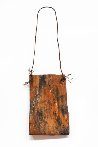 Lorraine Connelly-Northey Narrbong, 2019; CONNL - 0030; burnt corrugated iron, cable wire; 235 x 70 x 17 cm; Enquire