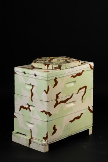 Fiona Hall The Barbarians at the Gate (detail), 2010-2026; wooden beehives, wood and metal architectural models, plastic 'action' dolls, paint; installation dimensions variable; enquire