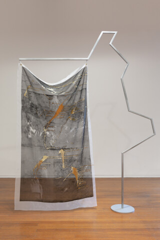 Mikala Dwyer Flags, 2018; painted steel, fabric, carabiner; 272 x 220 x 36 cm; (III); enquire