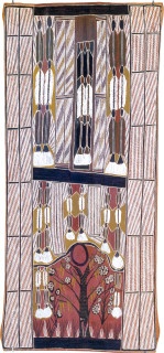 Les Midikuria Gunbalaj Rainbow Parrot and Arm Band, 1993; natural ochre pigments on bark; 61 x 131 cm; enquire