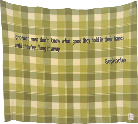 Fiona Foley On The Blanket 1, 2002; Vinyl lettering on woollen blanket; 175 x 200 cm; enquire