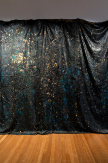 Kirtika Kain Midnight (detail), 2025; tar on hessian, stones, gold leaf and acrylic paint; 329 x 885 x 35 cm; dimensions variable; enquire