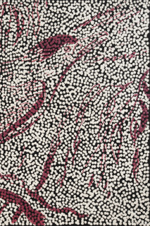 Daniel Boyd Untitled (BBCNSSB) (detail), 2025; oil, acrylic and archival glue on paper mounted to canvas; 61.5 x 76.5 cm; enquire