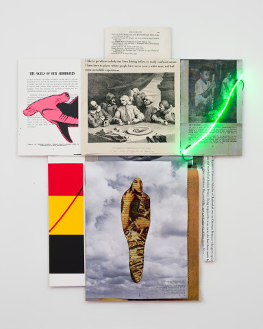 Brook Andrew This year, of change..., 2020; screen print, photoprint, digital print, textile, paper and neon; 250 x 205 x 9.5 cm; more info; enquire