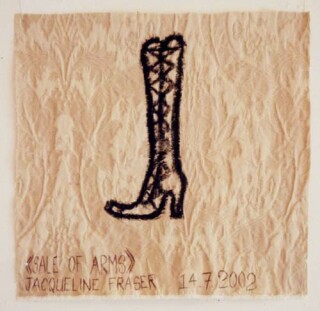 Jacqueline Fraser >, 2002; from the series Jacqueline Fraser 14.7.2002 Parisian Fabric Drawings; Oil stick on cream brocade; 32 x 32 cm; enquire