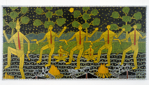 Robert Campbell Jnr Corroboree, 1988; acrylic on canvas; 116 x 230 cm; enquire