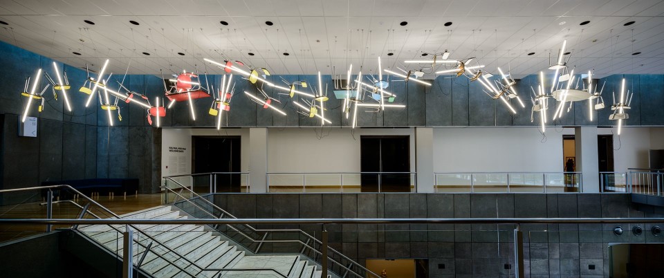 Bill Culbert Bebop, 2013; Furniture, fluorescent tubes, electrical components, wire, sheet glass; Permanent collection of the Christchurch Art Gallery