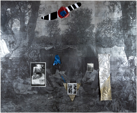 Brook Andrew Earth, 2016; Linen, cotton, acrylic paint, silver gelatin photographs, ink, foil; 250 x 300 x 5 cm; enquire
