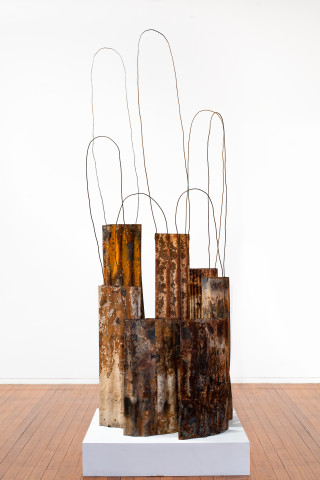 Lorraine Connelly-Northey Narrbong-galang, 2019; CONNL - 0002; burnt corrugated iron, wire; dimensions variable; Enquire