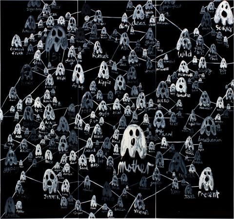 Nell Some of the things I AM, 2011; enamel on New Zealand kiln dried pine; 213 x 228 cm; (overall) 3 panels; enquire