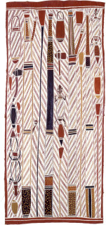 Jimmy Moduk Honey Story, 1989; natural ochre pigments on Stringybark; 132 x 59 cm; enquire