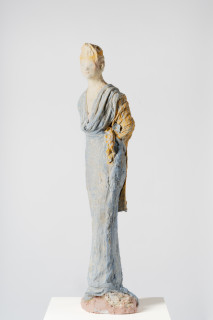 Linda Marrinon Woman with a tiara, 2025; tinted and painted plaster and muslin; 110 x 26 x 20 cm; enquire