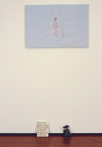 Jenny Watson Child Ballerina, 1999; acrylic on cotton, acrylic on stretcher, Japanese lavender bag; 73 x 51 cm, 17 x 14 cm; enquire