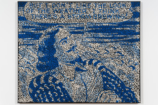 Daniel Boyd Untitled (WILULTILS), 2025; oil, acrylic and archival glue on paper mounted to canvas; 76.5 x 92 cm; enquire