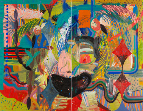 David Griggs Arrojadoa theinisseniana (Mankini Island), 2020; oil on canvas; diptych: 221.5 x 272 cm overall; enquire