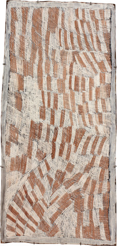 Nyapanyapa Yunupiŋu Pink and White, 2011; 3961N; natural earth pigments on bark; 118 x 56 cm; enquire