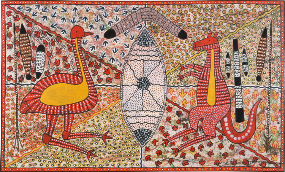 Aboriginal Emblem, 1990; ochre and acrylic on canvas; 123.5 x 206.5 cm