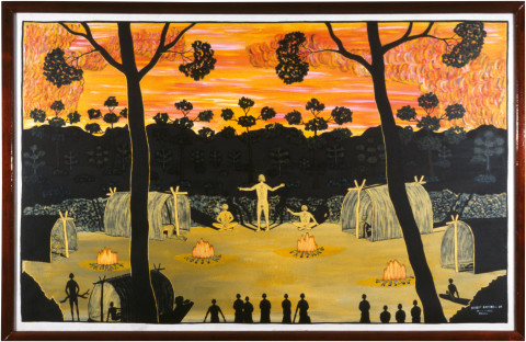 Robert Campbell Jnr Teaching Dreamtime at Sunset, 1988; acrylic on canvas; 112 x 176.5 cm; enquire