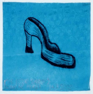 Jacqueline Fraser >, 2002; from the series Jacqueline Fraser 14.7.2002 Parisian Fabric Drawings; Oil stick on blue water stained taffeta; 32 x 32 cm; enquire