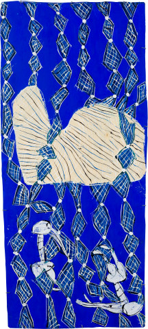 Dhambit Munuŋgurr Yunupiŋu - The Rock, 2022; 4269-22; acrylic on bark; 232 x 102 cm; enquire