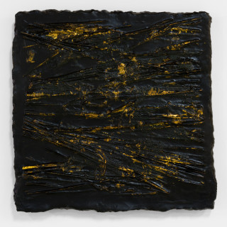 Kirtika Kain wax lines, 2025; gold leaf, wax, coconut, broom grass and rangoli pigment; 40 x 40 cm; more info; enquire
