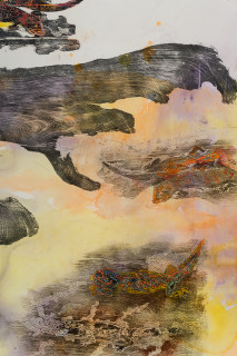 John Wolseley Great desert skinks on their basking mound in the Great
Sandy desert I (detail), 2026; watercolour and woodblock print on paper; 104 x 180 cm; 121 x 195 cm (framed); enquire