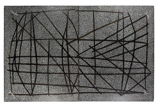 Daniel Boyd Untitled (TI2), 2015; oil and archival glue on linen; 213 x 334 cm; enquire