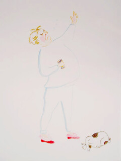 Vivienne Shark LeWitt untitled sketch (guy with beer can and dog), 1994; watercolour on paper; 110 x 75 cm; enquire